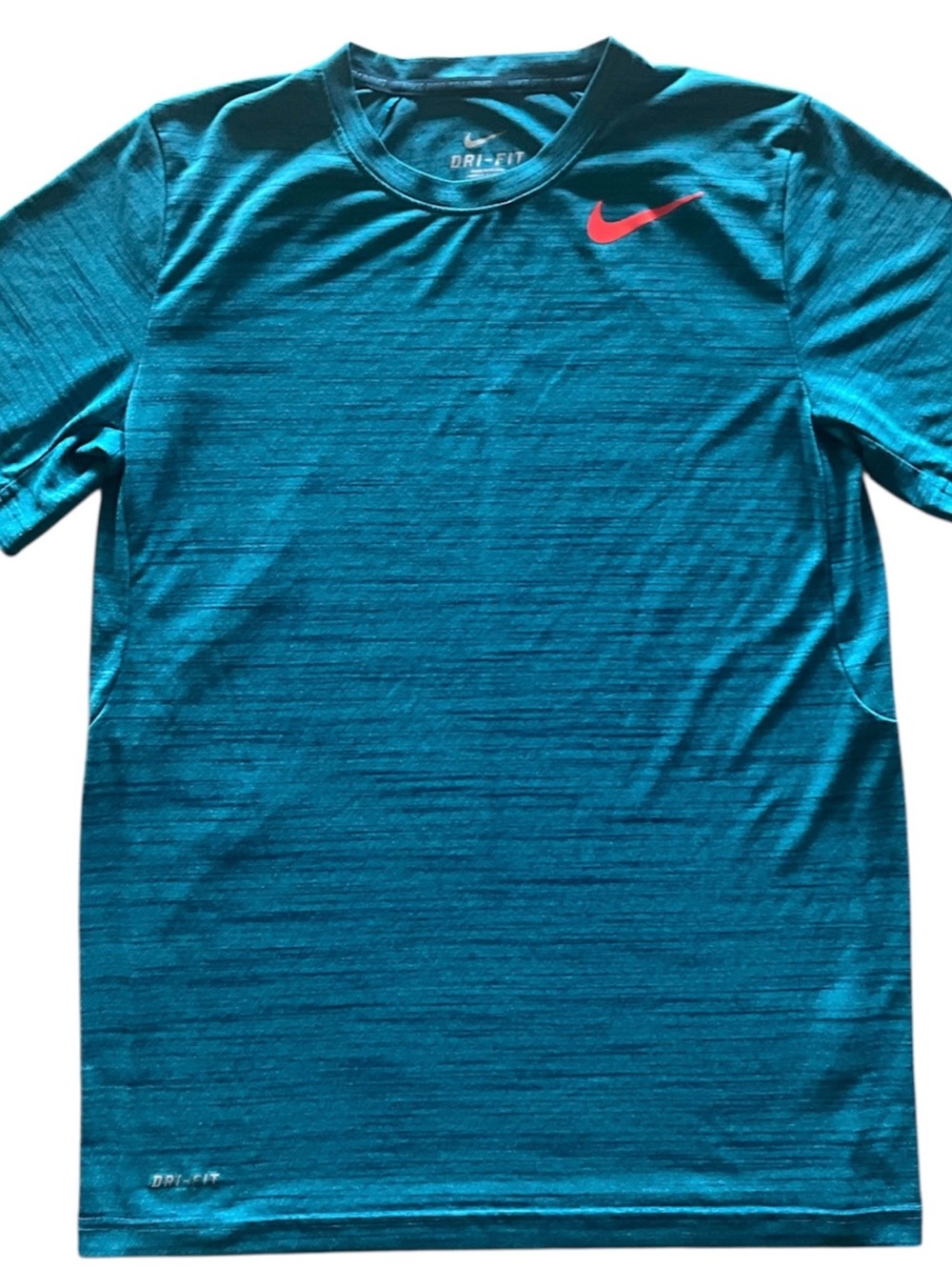 Nike Men's Teal Short Sleeve Dri-FIT Tee with Coral Swoosh